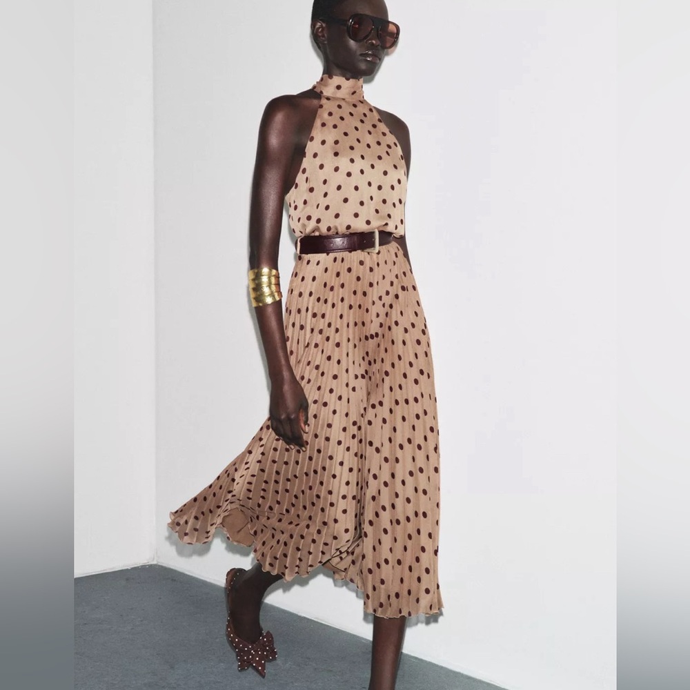 NWT ZARA POLKA DOT MIDI DRESS WITH BELT SIZE XS